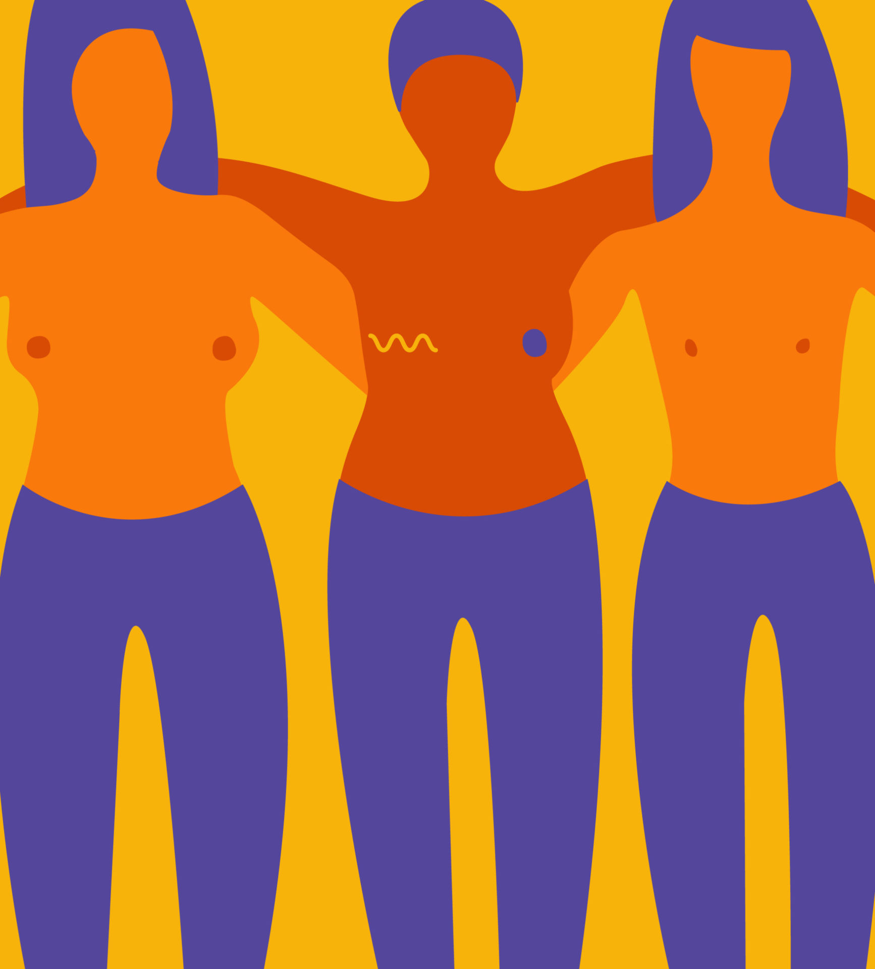 Coloured illustration of three women facing out of the image with their arms around each others shoulders. All are naked from the waist up and one has had a single mastectomy.