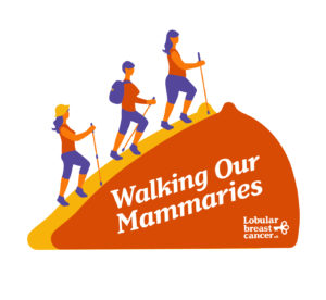 Illustrated image of three hiking women walking up an orange breast as if it's a mountain. The breast has the words written on it Walking our Mammaries and the logo for Lobular Breast Cancer UK.