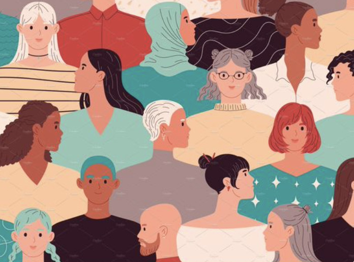 Colour illustration featuring a diverse range of individuals set in rows.