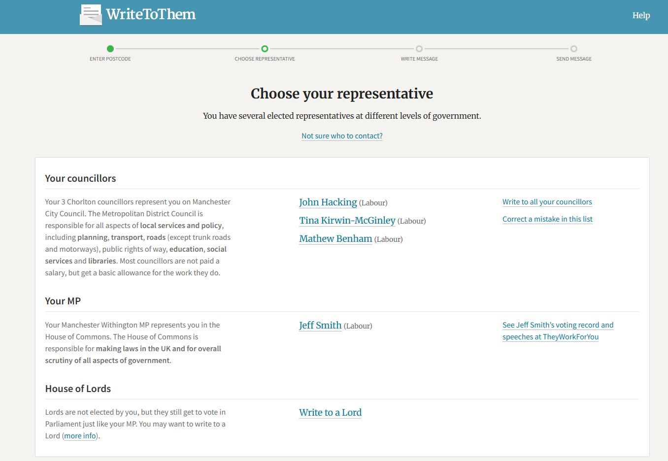 List of MPs Postcode box on WriteToThem website