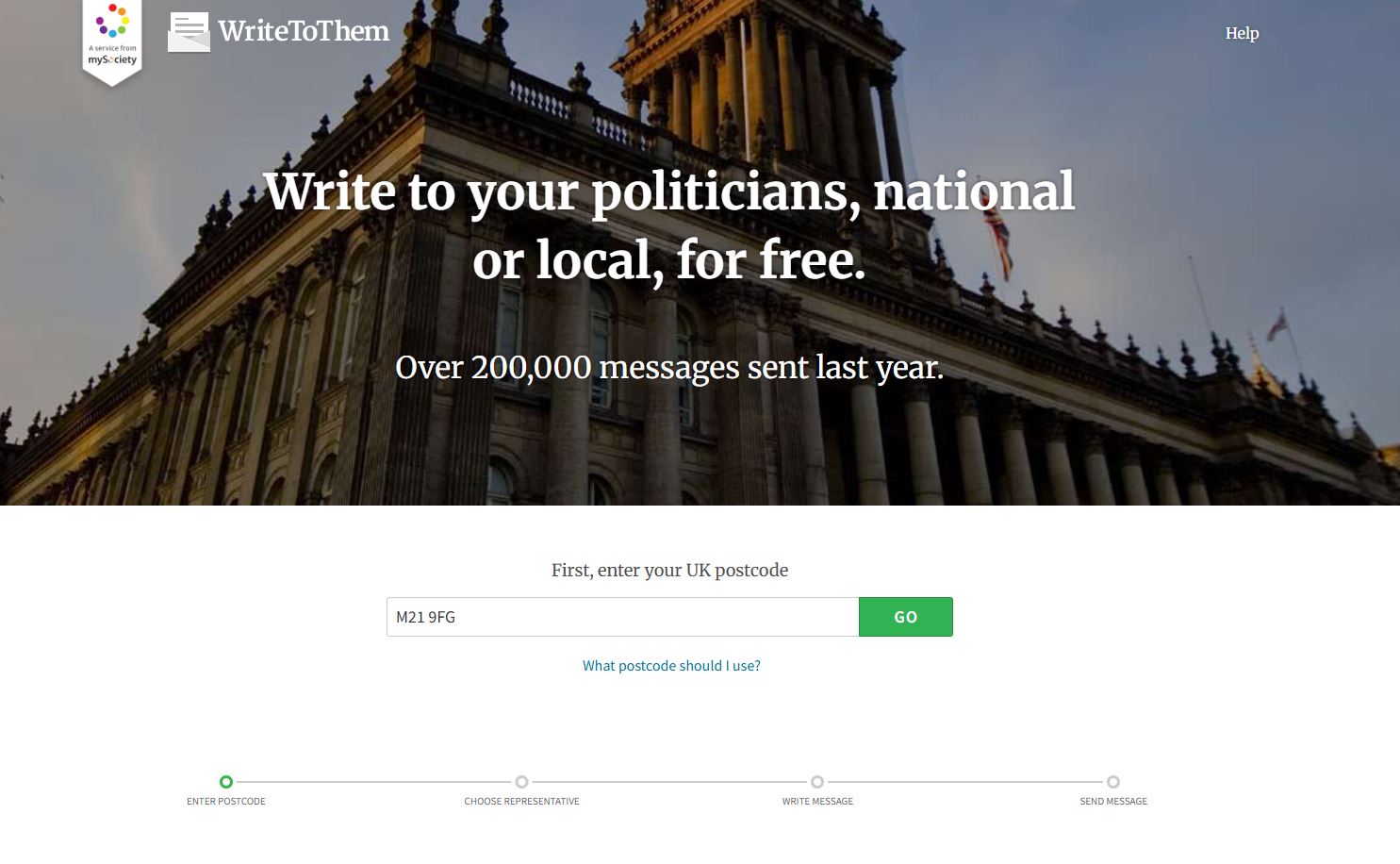 Postcode box on WriteToThem website Postcode box on WriteToThem website