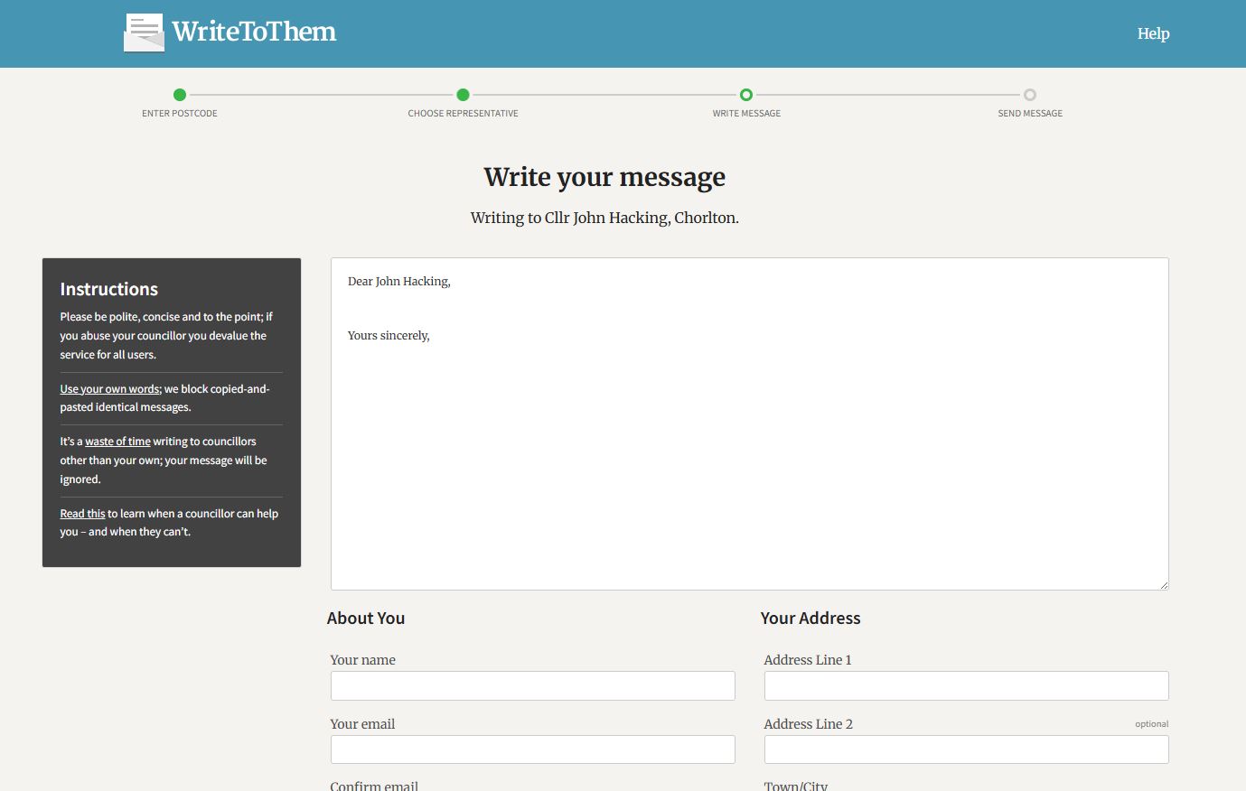 Write your message Postcode box on WriteToThem website